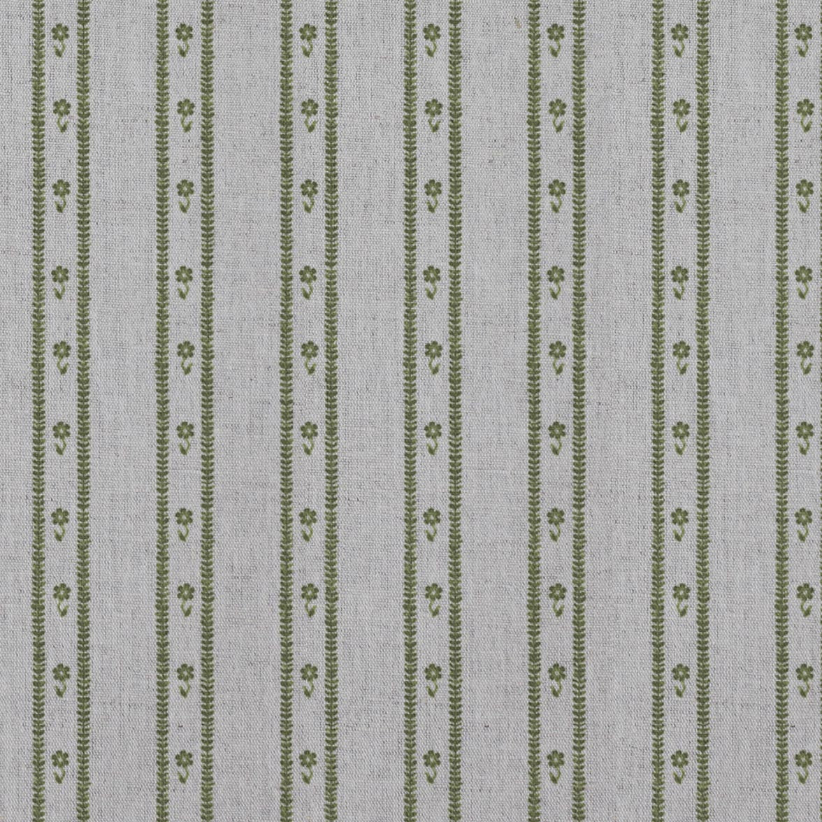 Green Floral Stripe Linen Curtain Fabric - Silvian Khaki - Natural base fabric.