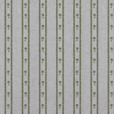 Green Floral Stripe Linen Curtain Fabric - Silvian Khaki - Natural base fabric.
