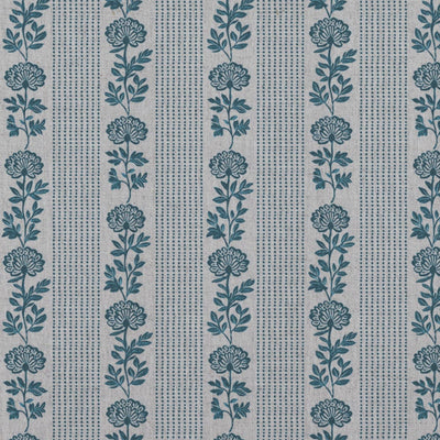 Blue Floral Stripe Linen Curtain Fabric - Skye Blue Stone - Natural base fabric.