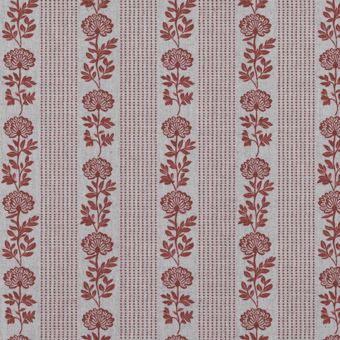 Red Floral Stripe Linen Curtain Fabric - Skye Crimson Red - Natural base fabric.