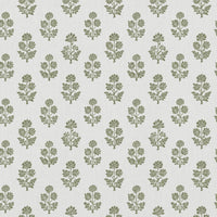 Green Floral Linen Curtain Fabric - Doris Moss-WHT - White base fabric.