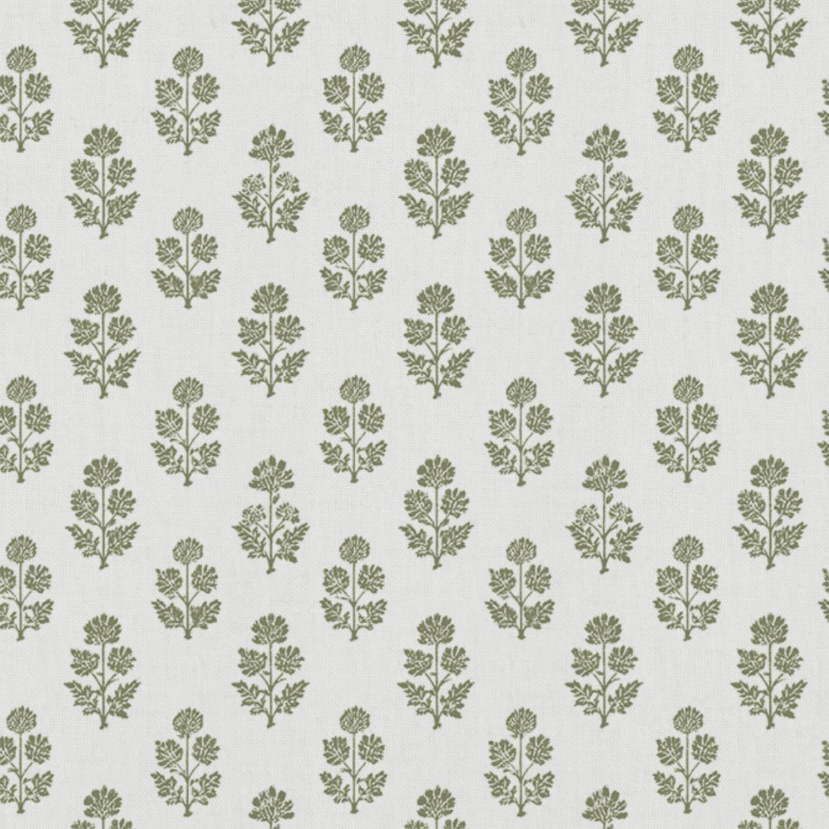 Green Floral Linen Curtain Fabric - Doris Moss-WHT - White base fabric.