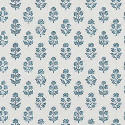 Blue Floral Linen Curtain Fabric - Doris Paris Blue-WHT - White base fabric.