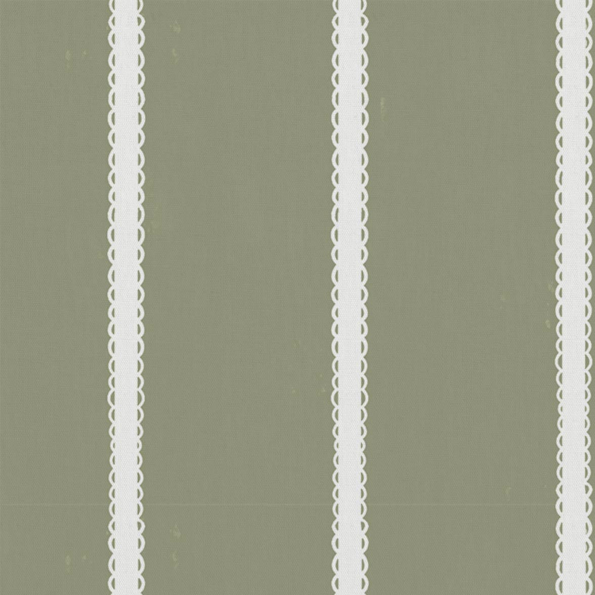 Green Striped Linen Curtain Fabric - Franny Moss-WHT - White base fabric.