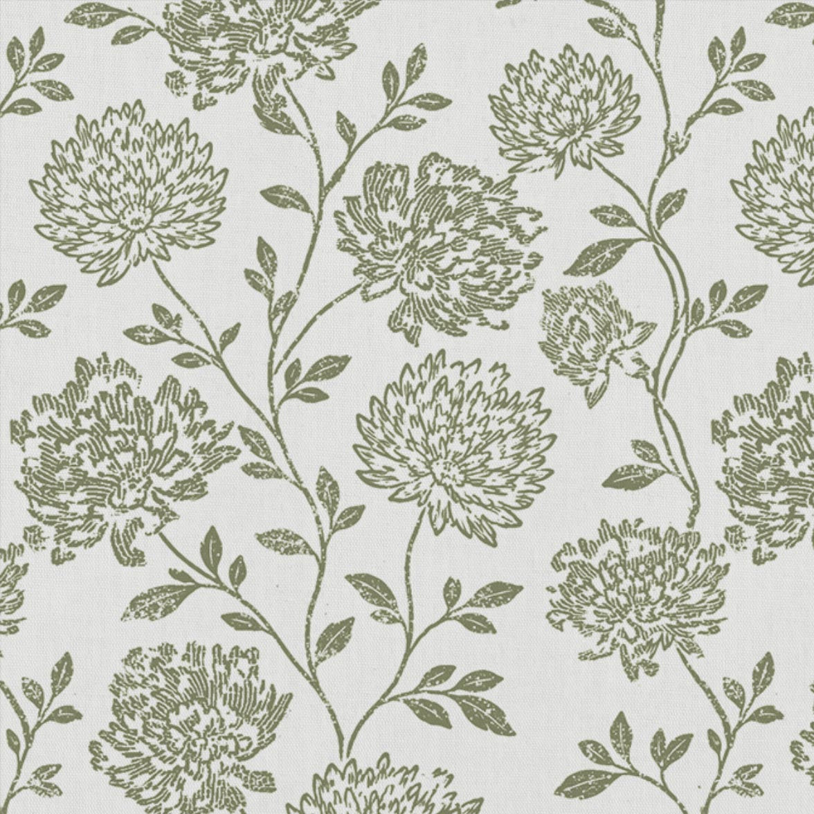 Green Floral Linen Curtain Fabric - Hulsey Moss-WHT - White base fabric.