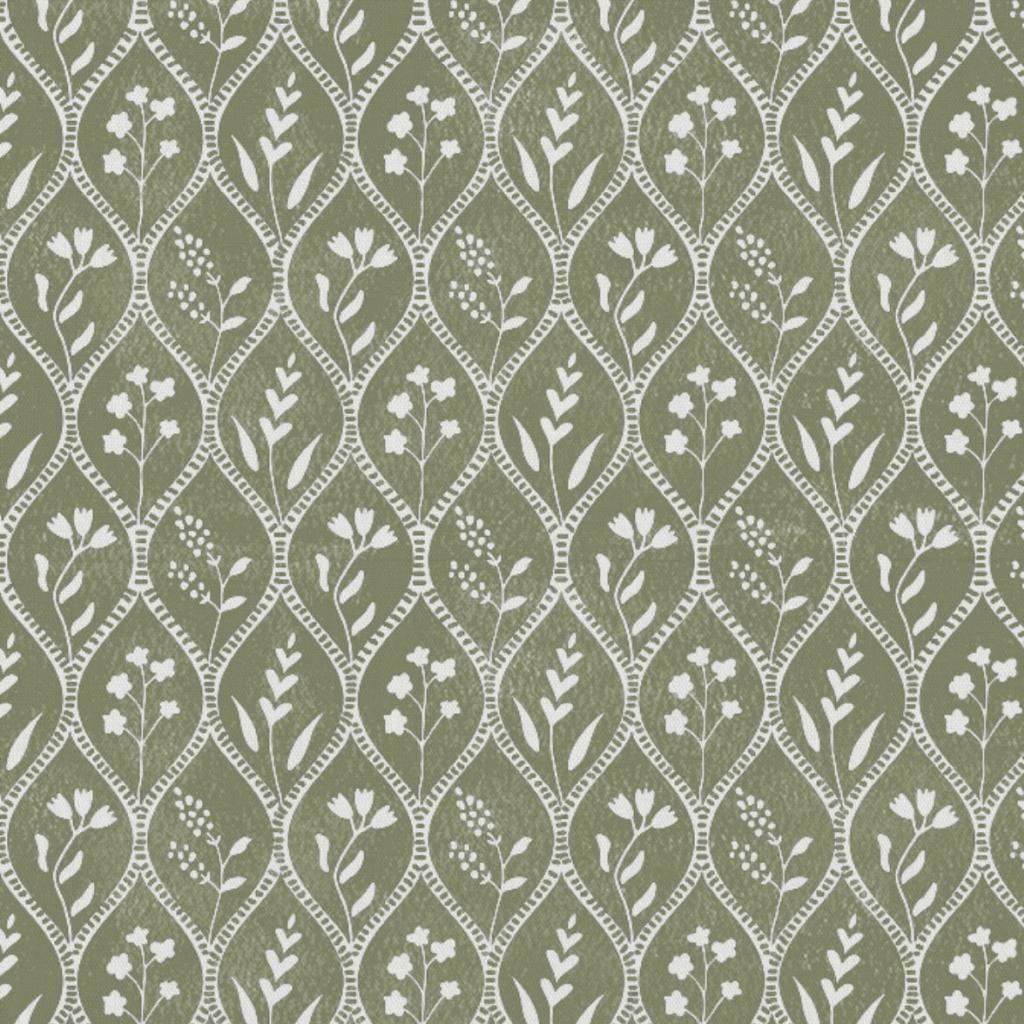 Miny Moss WHT - curtain fabric with Green floral print