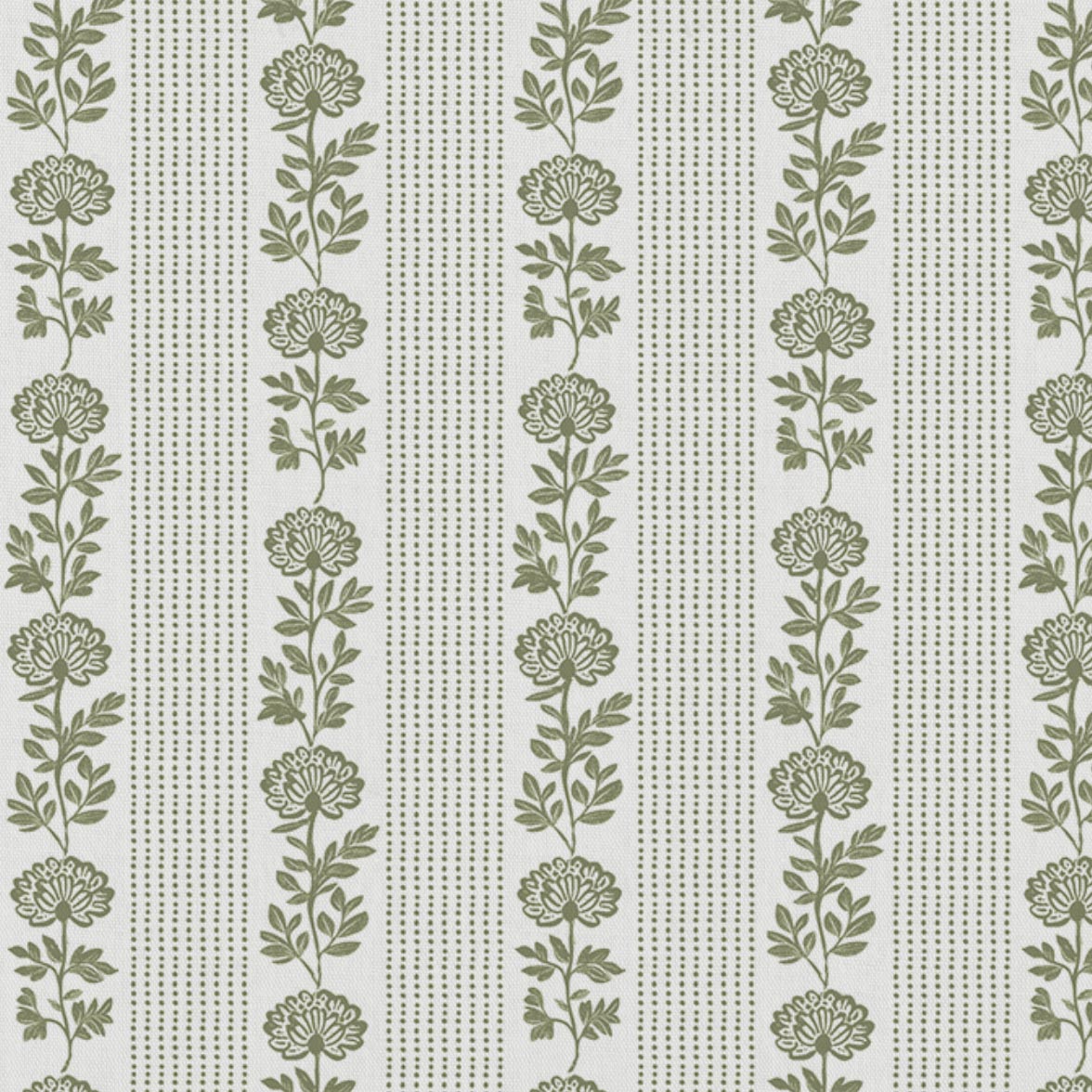 Green Floral Stripe Linen Curtain Fabric - Skye Moss-WHT - White base fabric.