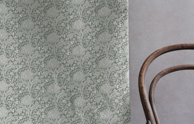 Katarina Meadow - White linen fabric with Green floral print