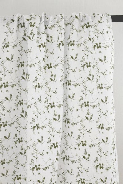 Flora Moss-WHT - White linen fabric with Green botanical print