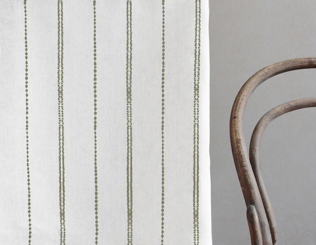 Inga Moss - White fabric with Green decorative stripes, 100% Linen