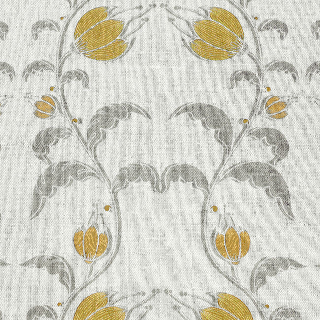 Dana Mustard - Natural fabric with mustard yellow and grey floral pattern