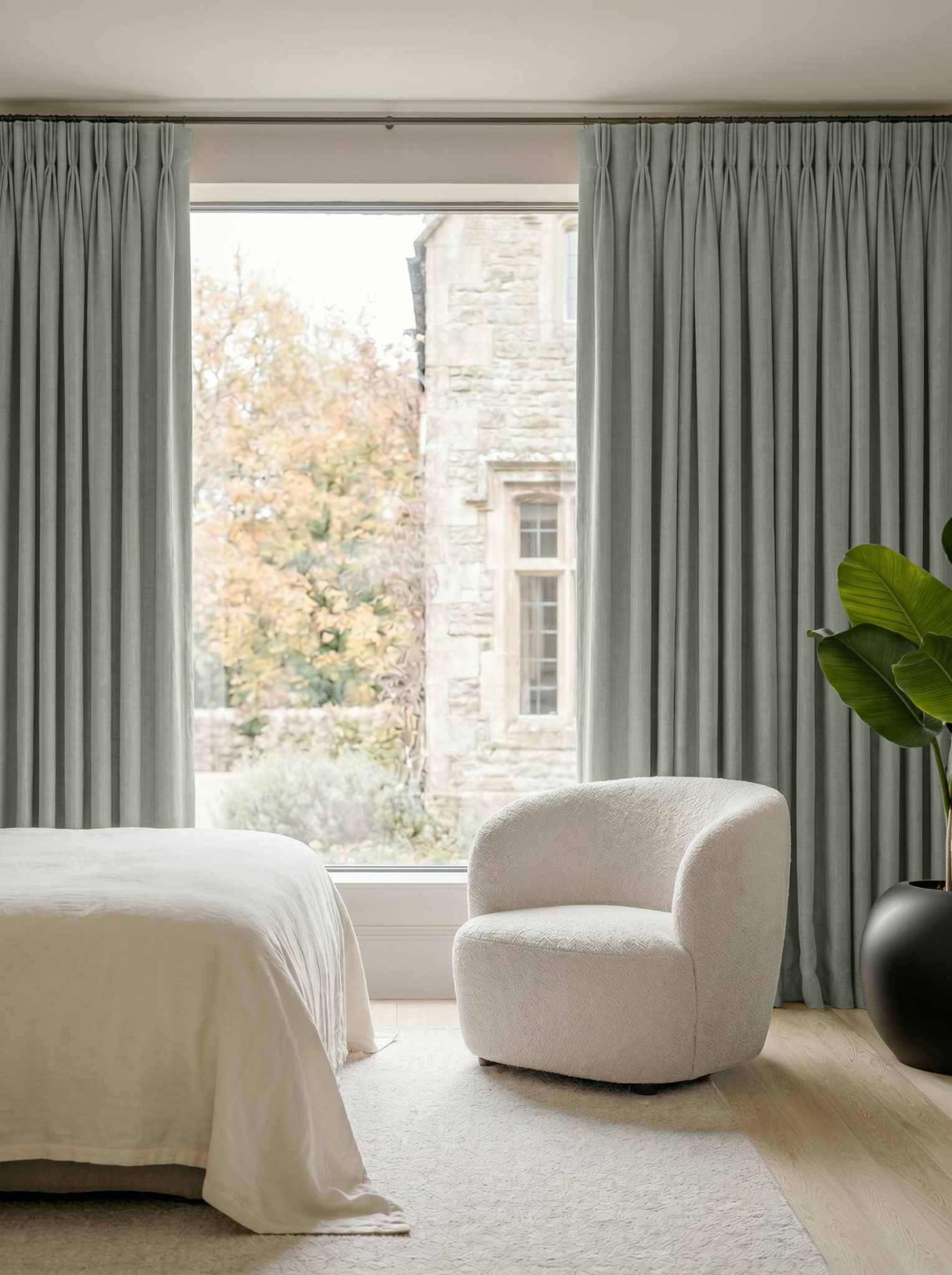 Muted Green Bedroom Linen curtains Blackout lined - made of 100% pre-washed linen fabric Bianco Venice by Ada & Ina.