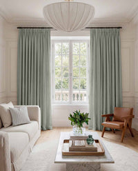 Muted Green Linen Living room curtains - 100% pre-washed linen. Bianco Venice by Ada & Ina.