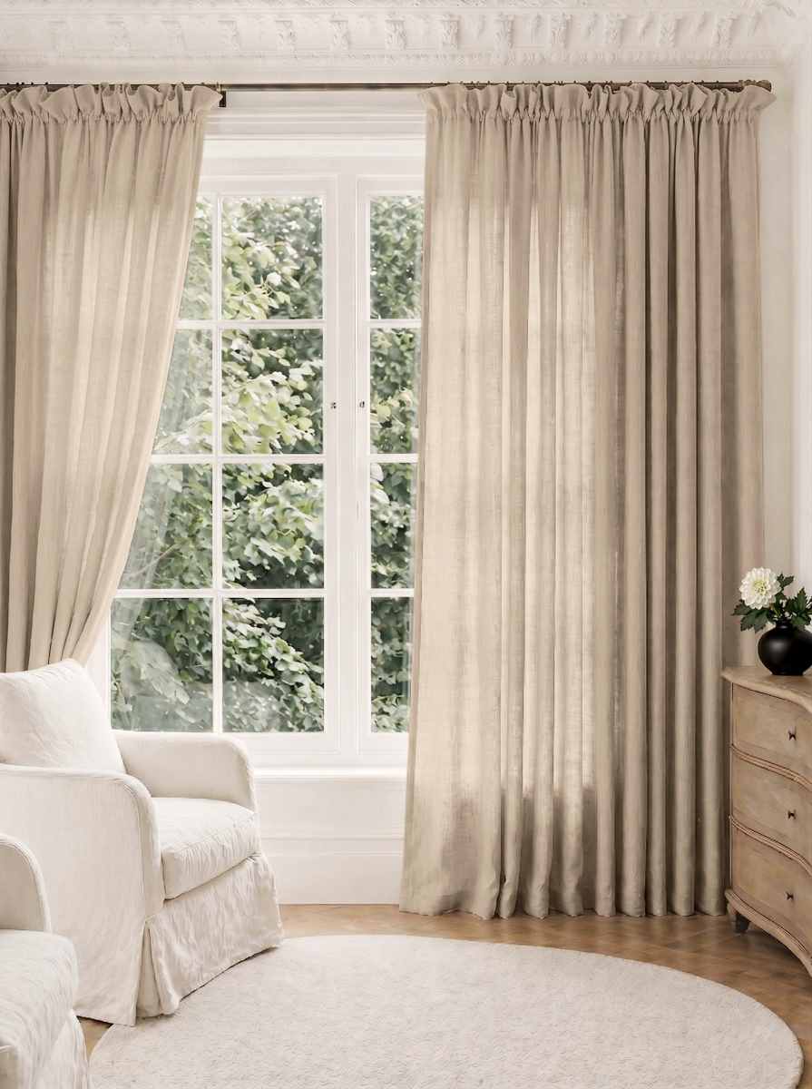 Natural Pleated Linen curtains for Living room. Made of pre-washed linen Bianco Natural by Ada & Ina.