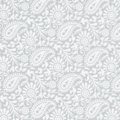 Nora Greige-WHT - White fabric for curtains with grey paisley print, 100% linen