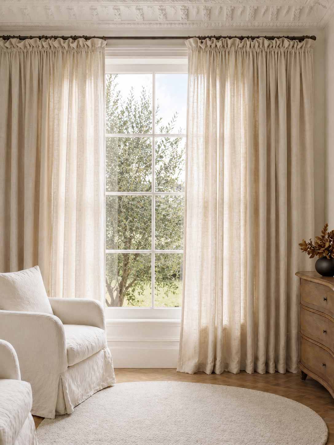 Oatmeal Wide Linen Curtains. Made of double width 280 cm wide soft pure linen fabric Vanja Oatmeal by Ada & Ina