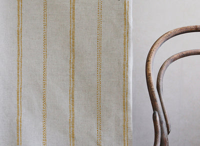 Rae Ochra - Curtain fabric with Yellow Orange hand drawn stripes