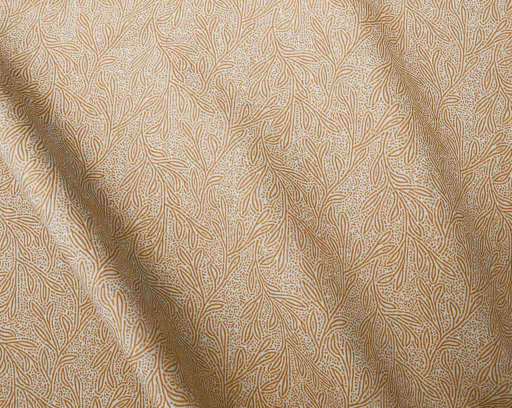 Alma Gold Ochra Linen Fabric- Curtain fabric with Yellow Orange botanical print. Create Unique Linen Curtains.