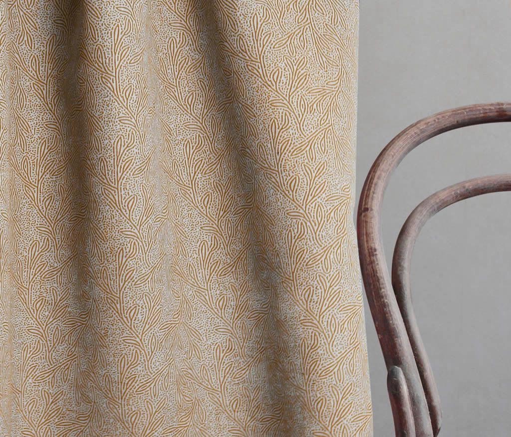 Alma Gold Ochra Linen Fabric- Curtain fabric with Yellow Orange botanical print. Create Unique Linen Curtains.