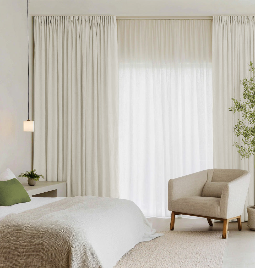 Wide white curtains made of Carita double Width 100% Linen Curtain Fabric 