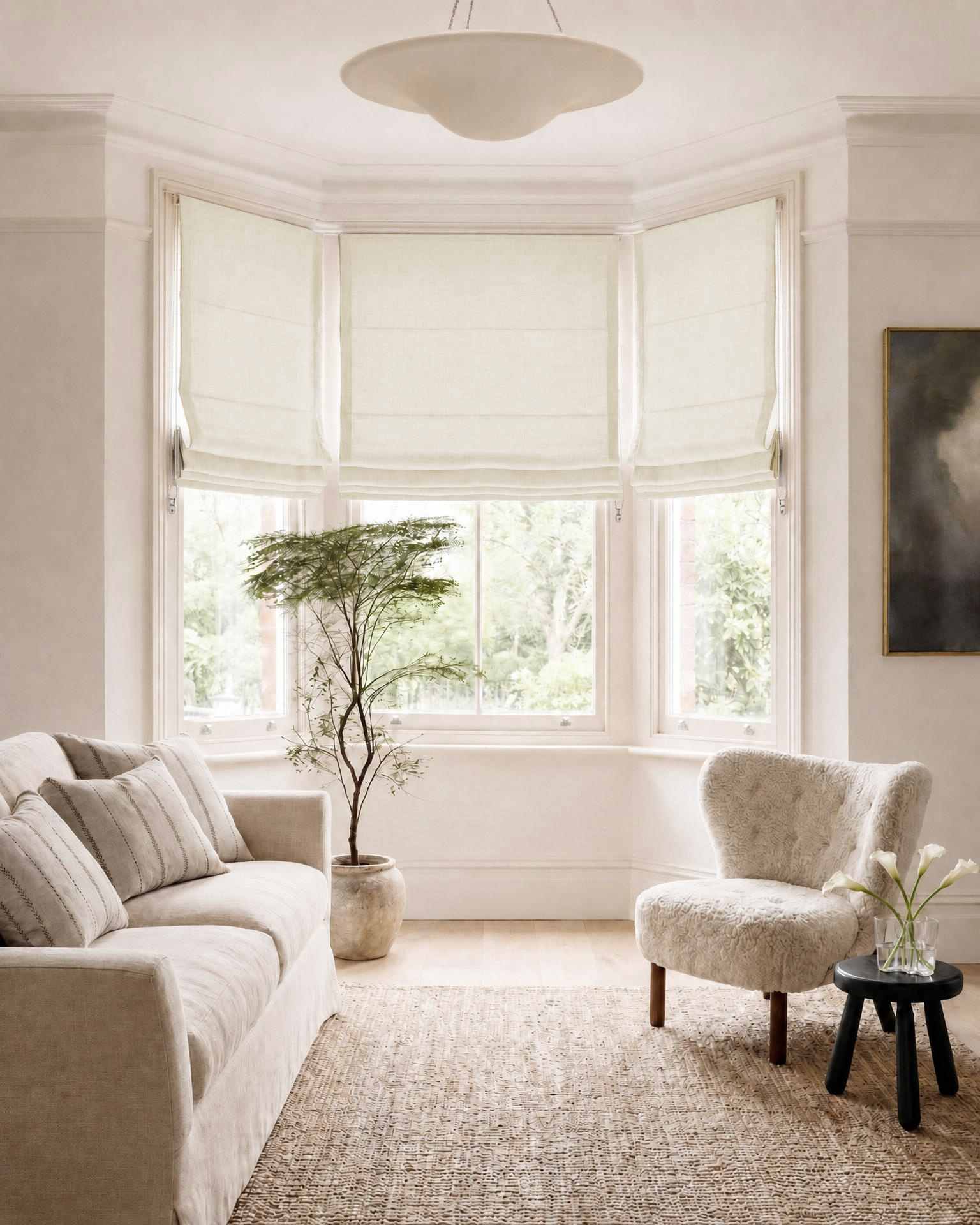 Off-White Linen Bay window roman blinds for Living room and bedroom. Lined. Greta Off-White.