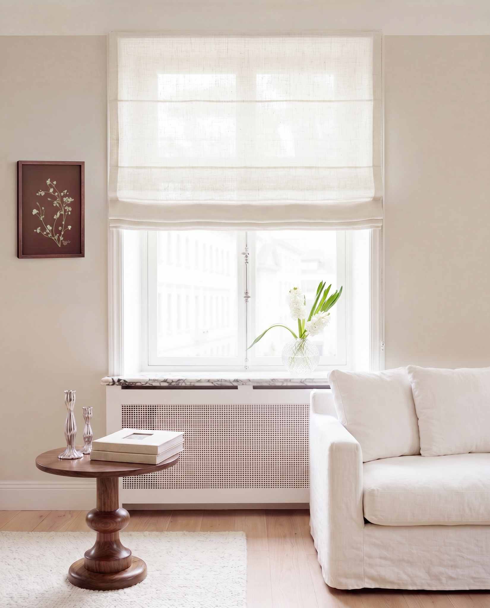 Off-white Linen Roman blind. Made of 280 cm wide soft 100% Linen fabric Vilgot White by Ada & Ina
