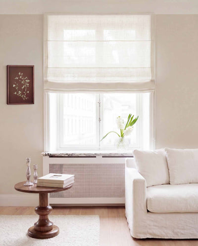 Off-white Linen Roman blind. Made of 280 cm wide soft 100% Linen fabric Vilgot White by Ada & Ina