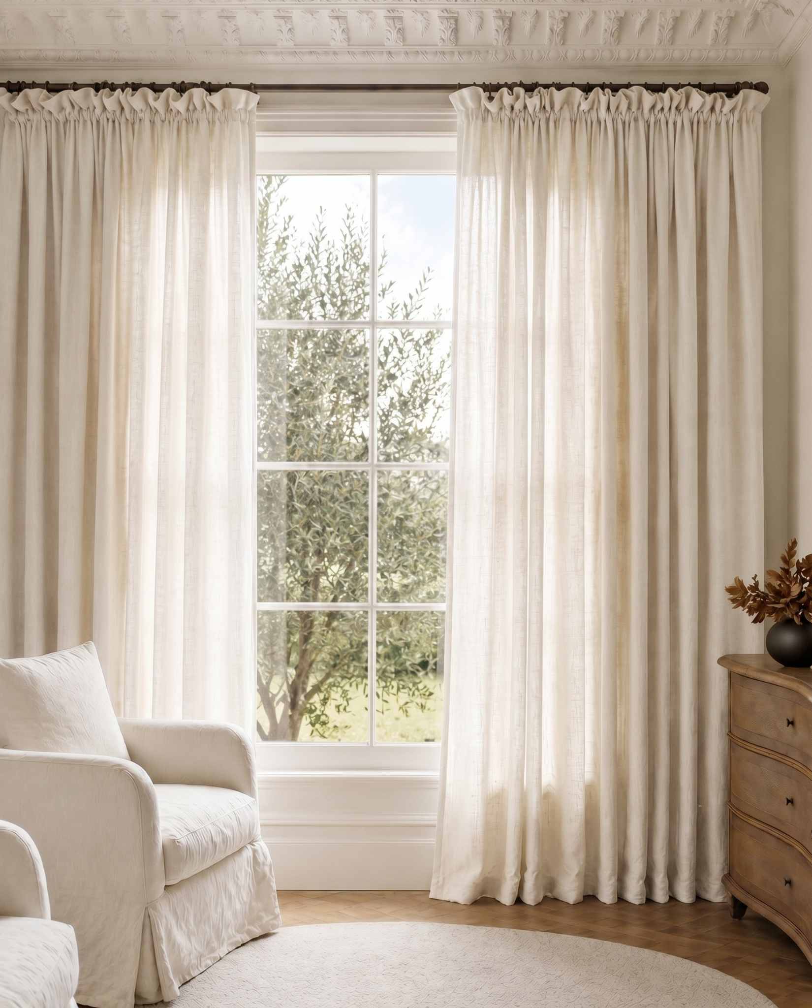 Off-white Wide Linen Curtains. Made of double width 280 cm wide soft pure linen fabric Vilgot White by Ada & Ina