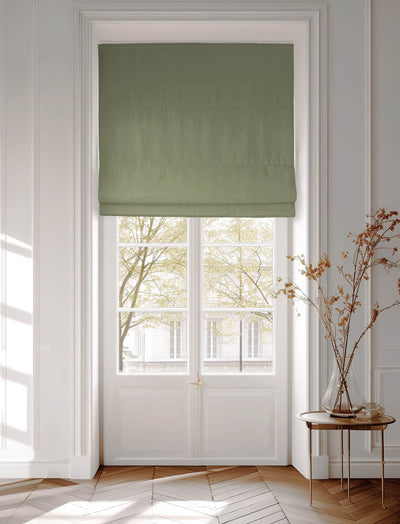 Green cotton roman blind in Amara Olive fabric