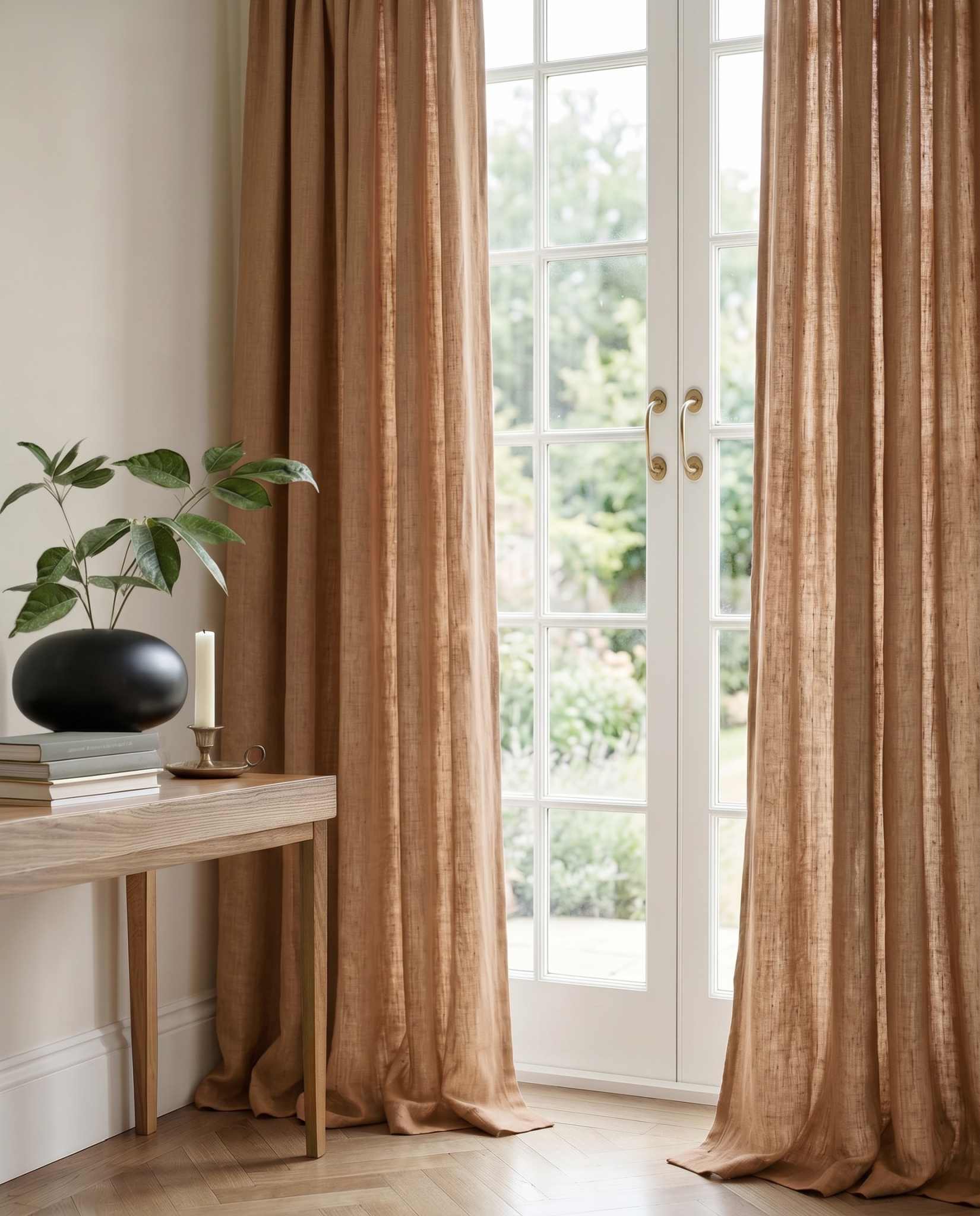 Orange 100% Linen Curtains with puddling