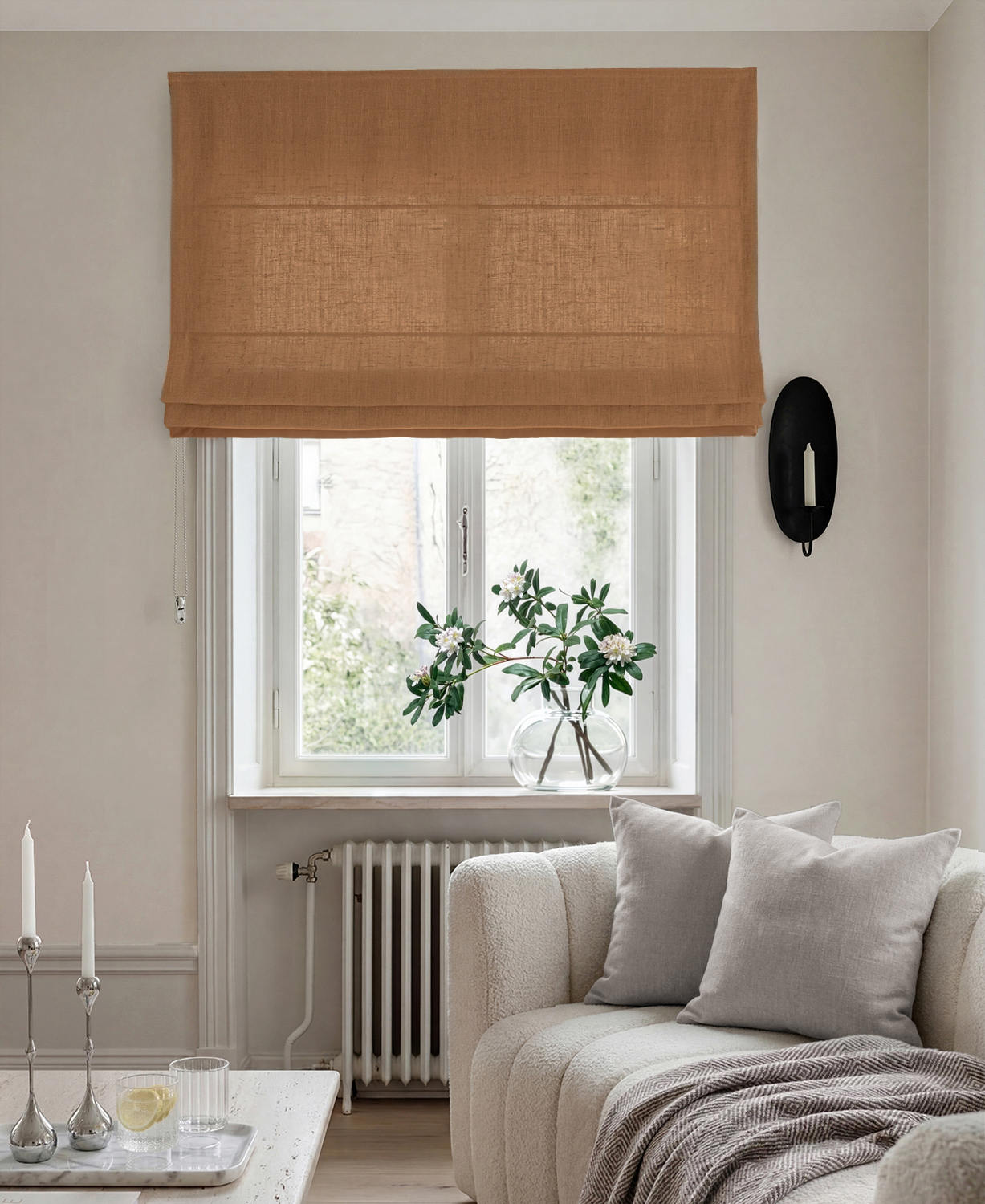 Orange 100% Linen Roman blind. Bea Tangerine by Ada & Ina Fabrics