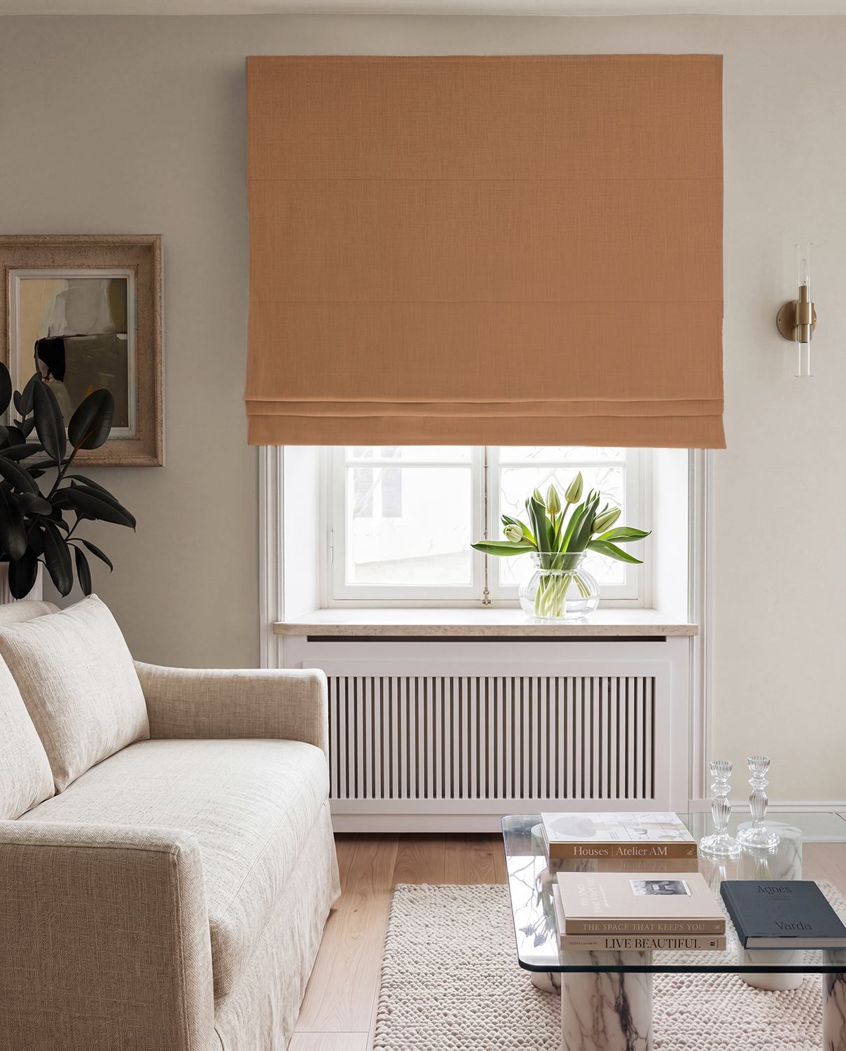 Orange 100% Linen Roman Blind with Blackout lining. Bea Tangerine by Ada & Ina Fabrics
