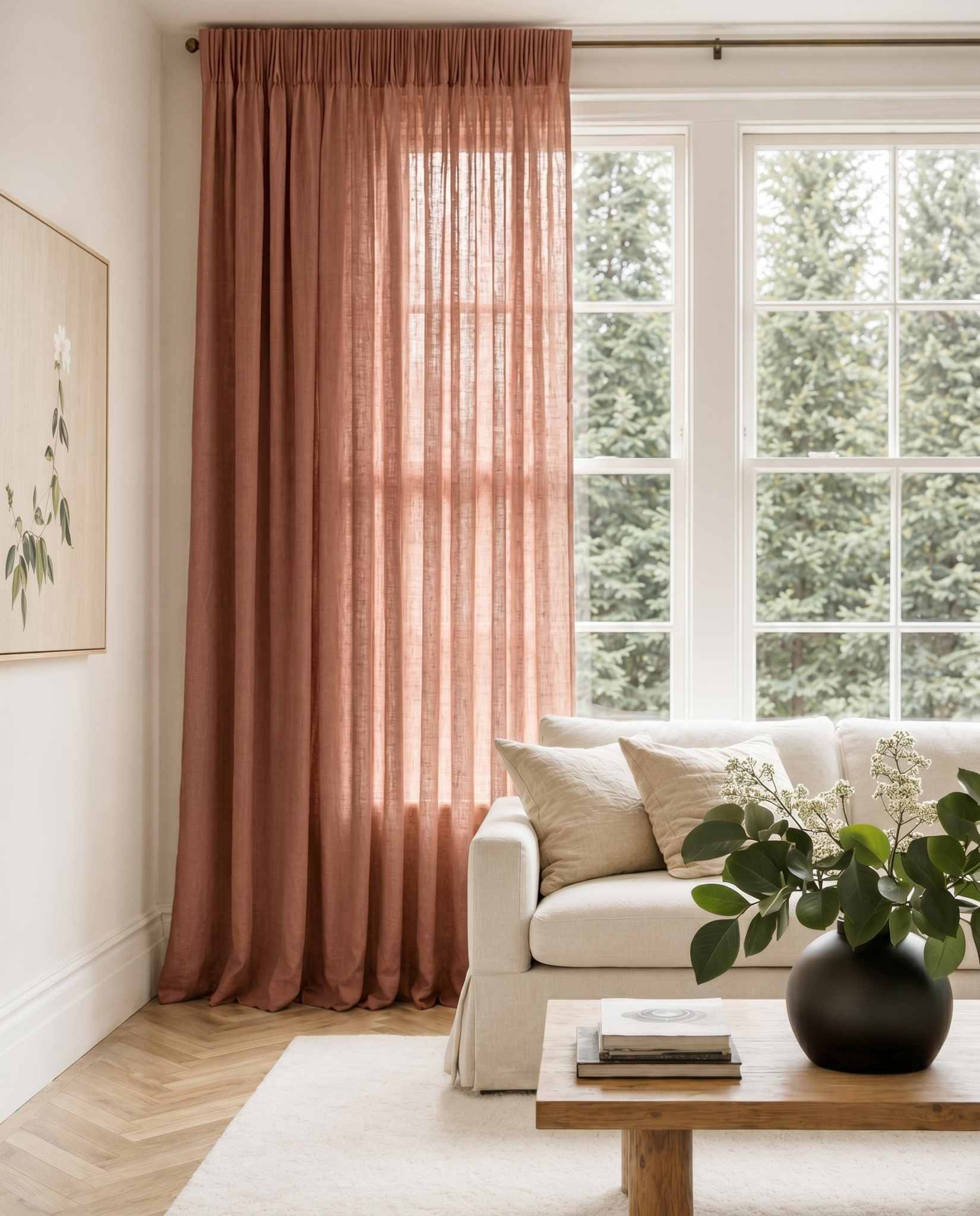 Dark Orange Pleated linen curtains