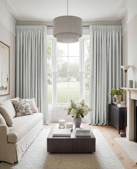 Pale Blue Made to measure linen curtains for Living room and Bedroom. Blackout lined. Greta Pearl.