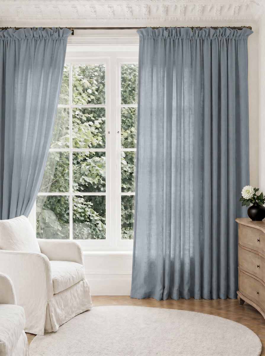Pale Blue Pleated Linen curtains for Living room. Made of pre-washed linen Bianco Hazy Sky by Ada & Ina.