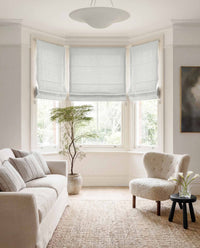 Pale Blue Linen Bay window roman blinds for Living room and bedroom. Lined. Greta Pearl.