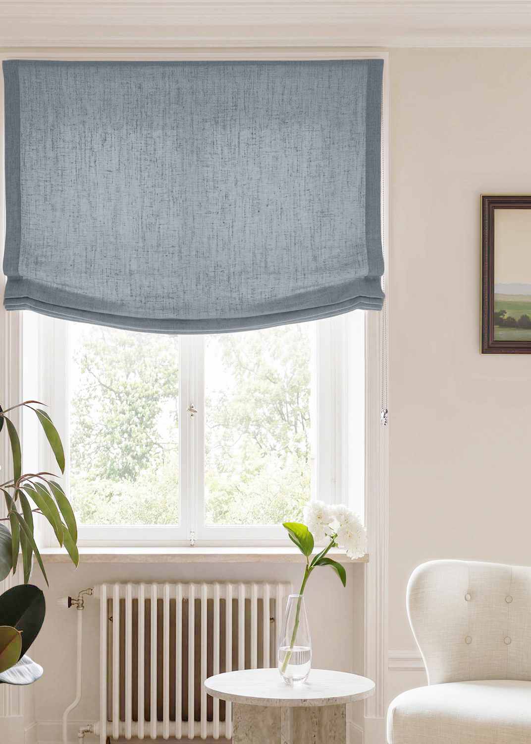 Pale Blue Relaxed linen blind - pre-washed. Bianco Hazy Sky by Ada & Ina.
