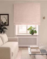Pale Pink Linen Roman blind blackout lined - pre-washed 100% linen. Bianco Misty Rose by Ada & Ina.