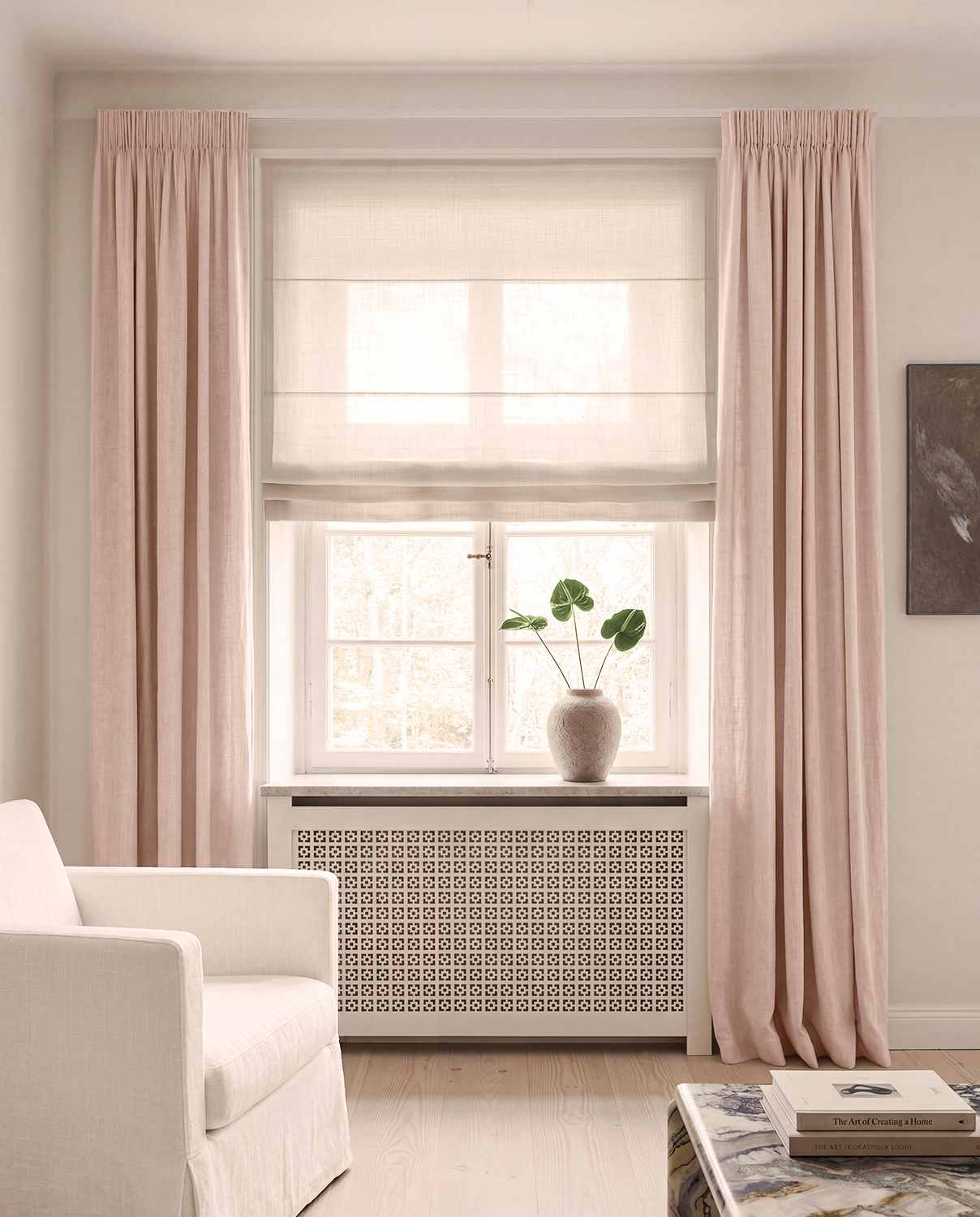 Pale Pink Linen curtains blackout lined - pre-washed linen. Bianco Misty Rose by Ada & Ina.