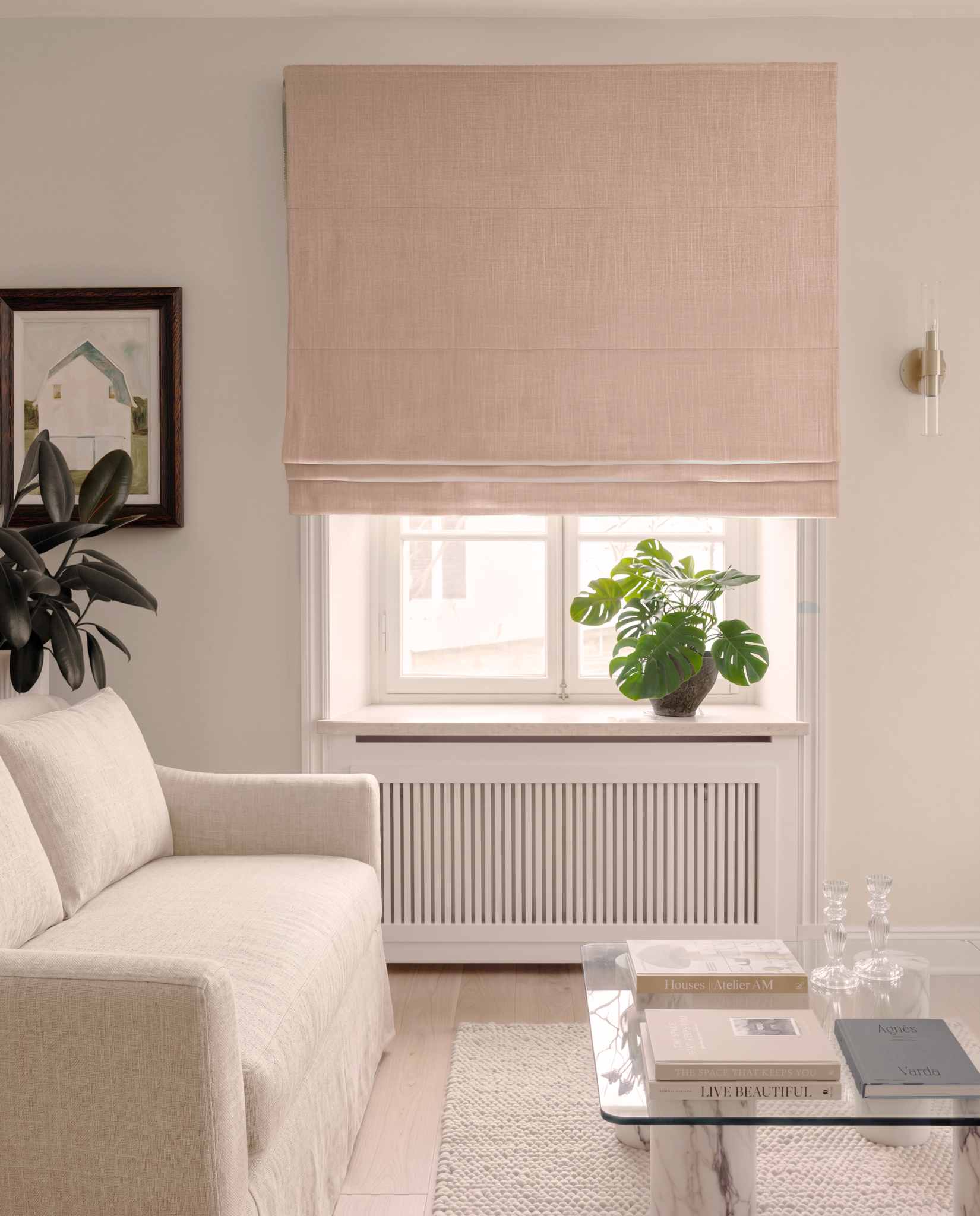 Pale Pink Linen Roman blind blackout lined - pre-washed 100% linen. Bianco Old Rosa by Ada & Ina.
