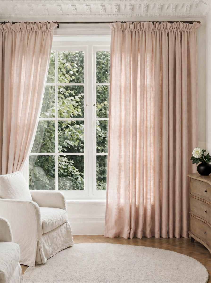 Pale Pink Pleated Linen curtains for Living room. Made of pre-washed linen Bianco Old Rosa by Ada & Ina.