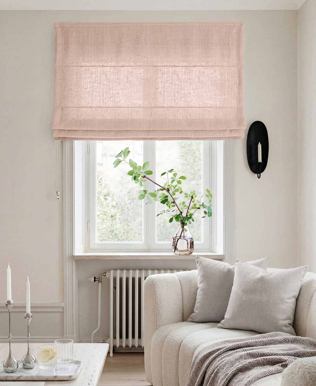 Pale Pink Linen Roman blind - Cotton lined. Made of pre-washed 100% linen Bianco Old Rosa by Ada & Ina.