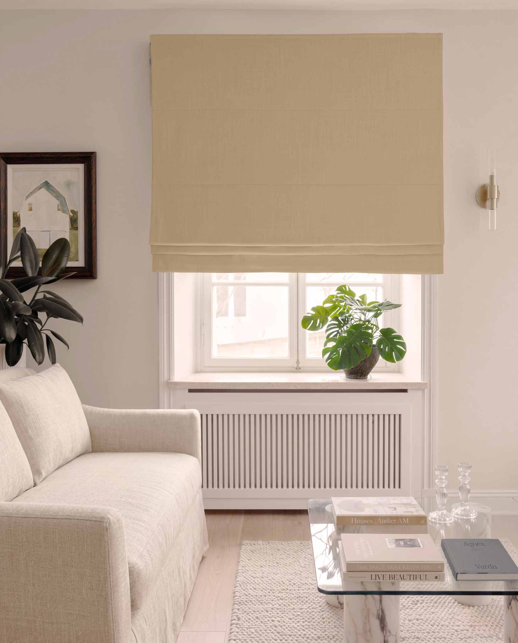 Pale Yellow Linen Roman blind blackout lined - pre-washed 100% linen. Bianco Gold Rose by Ada & Ina.
