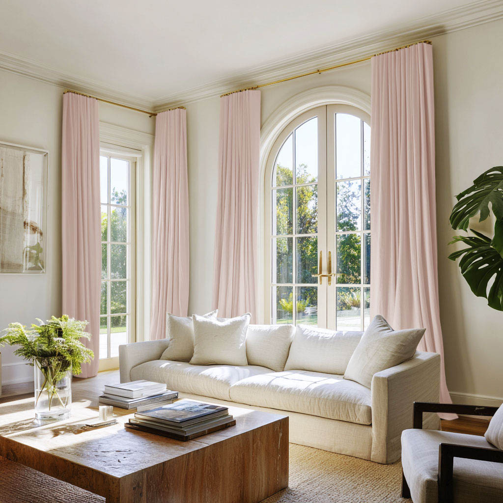 Living room with elegant decorations, including two pairs of pink curtains made of Amara Pale Rose fabric