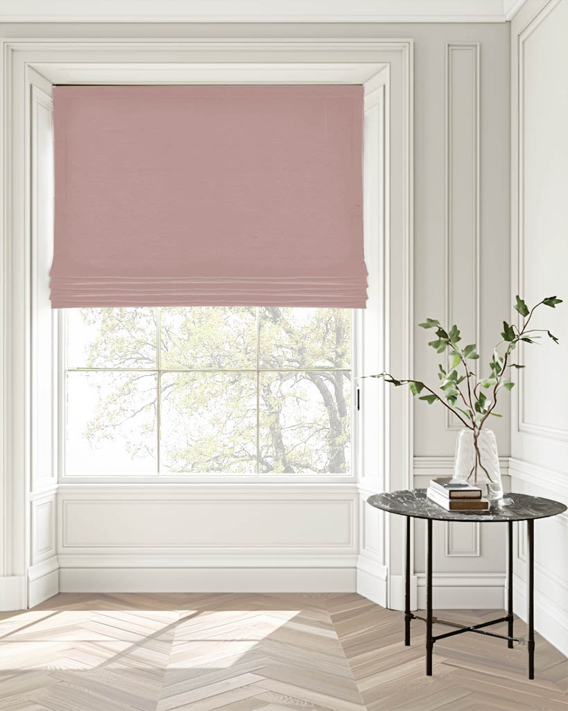 Dinah Peony - subtle pink Linen mix Roman blind with blackout lining