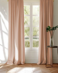 Window decorated with pink made to measure curtains in cotton fabric