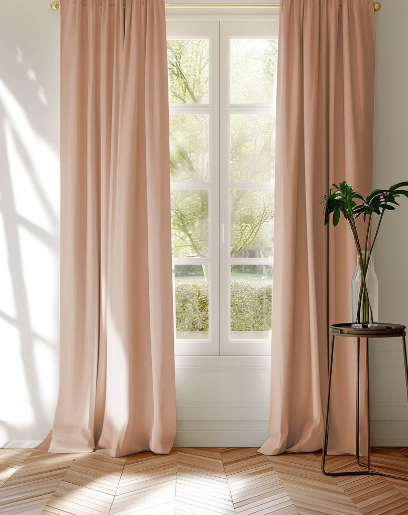 Window decorated with pink made to measure curtains in cotton fabric