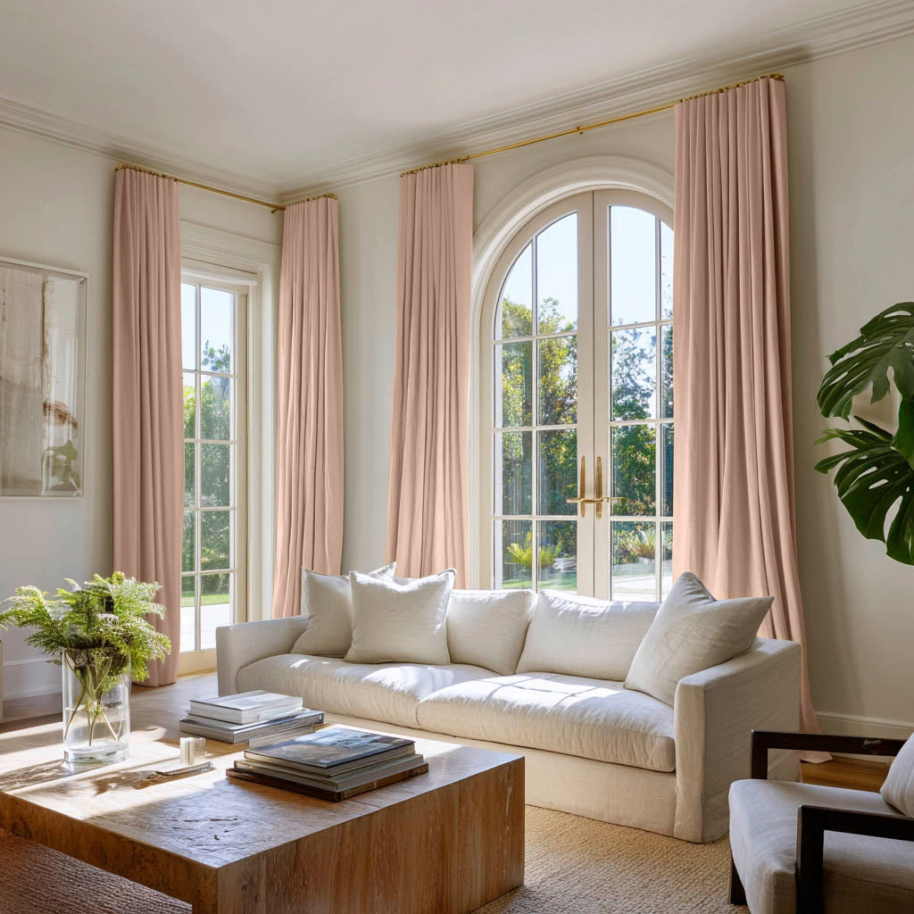 Living room decorated with pink made to measure curtains in cotton fabric
