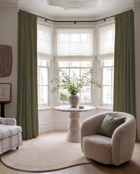 Pine Green 100% Linen Bay window curtains. Bea Pine by Ada & Ina