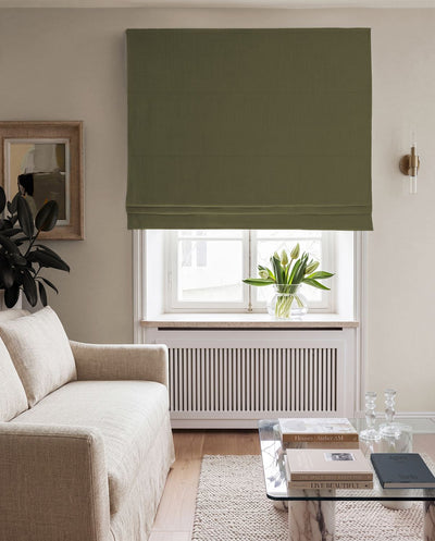 Pine Green 100% Linen Roman Blind with Blackout lining. Bea Pine by Ada & Ina Fabrics